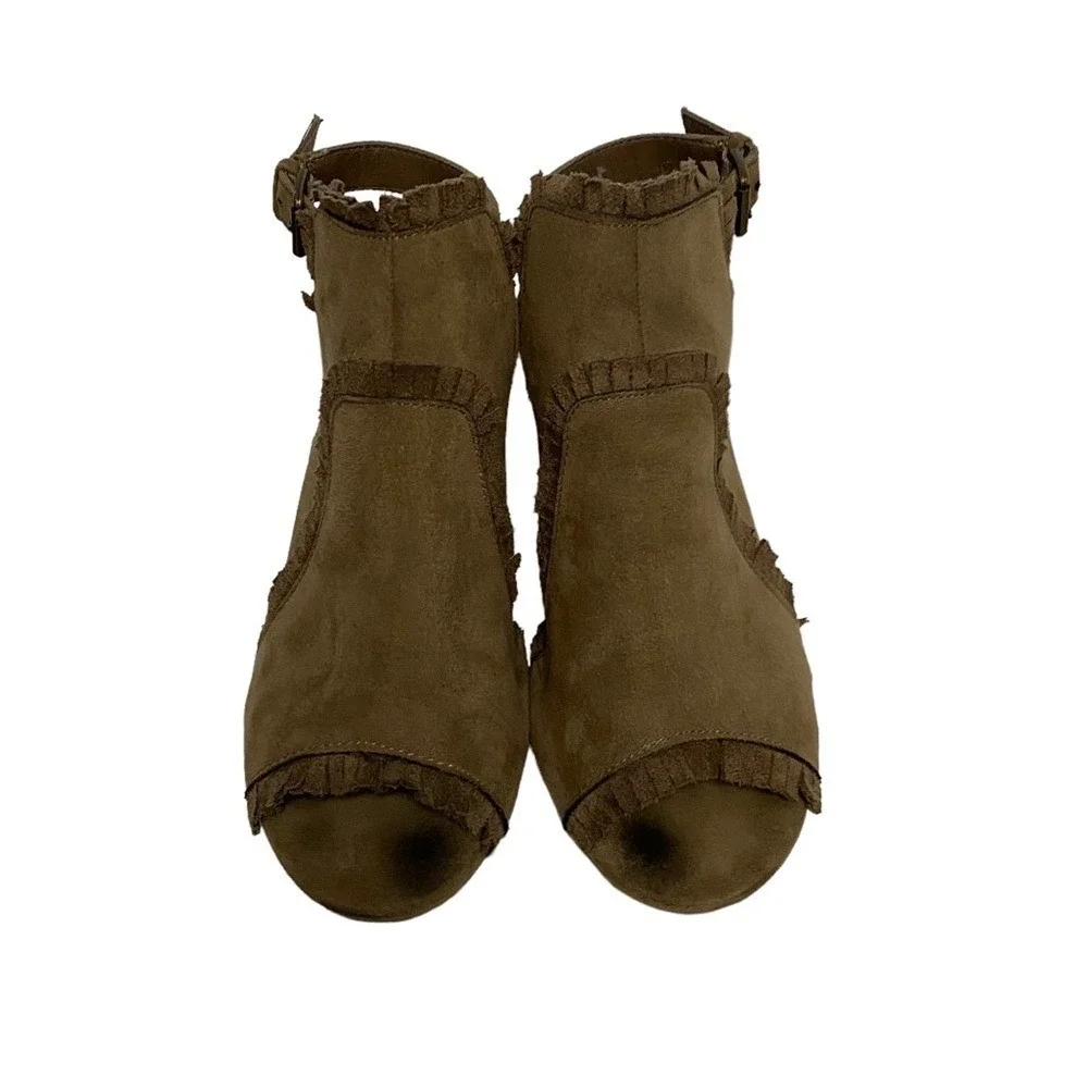 MIA Patrice Summer Chic Fringe Open Toe Sling Back‎ Block Heel Booties Brown
